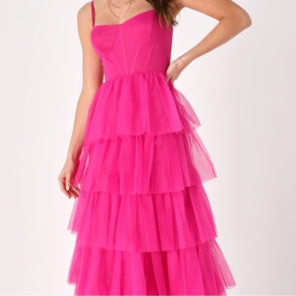 Lulus Tulle Rule The Runway Pink Bustier Tiered Maxi Prom Dress